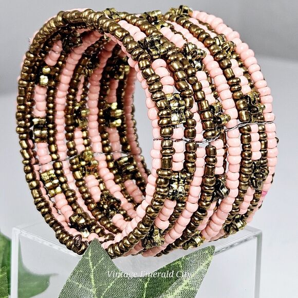 Golden Flowers & Coral Seeds Beaded Bracelet Spiral Coil Wire Retro Wrap Cuff - Picture 6 of 12